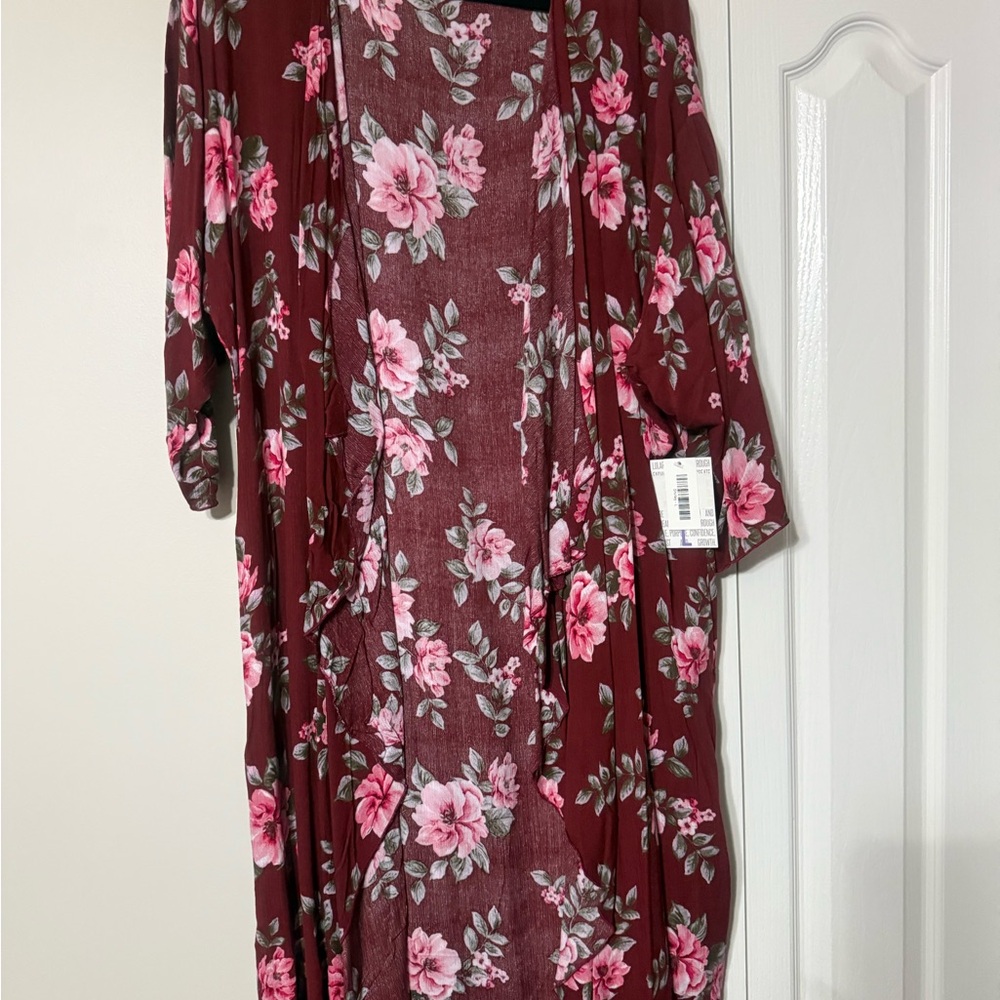 LuLaRoe Floral Shirley Kimono Jacket - Burgundy and Pink